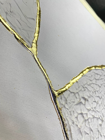 Abstract Oil Painting of Ethereal Fractures with Textured White and Gold Details