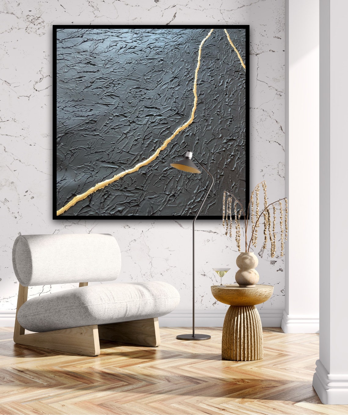 Abstract Black and Gold Oil Painting with Textured Finish for Modern Decor