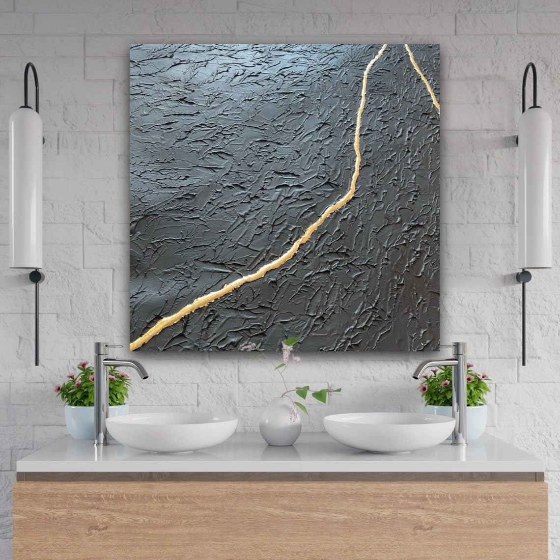 Abstract Black and Gold Oil Painting with Textured Finish for Modern Decor