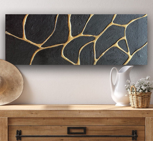 Gold and Black Abstract Oil Painting for Modern Home Decor