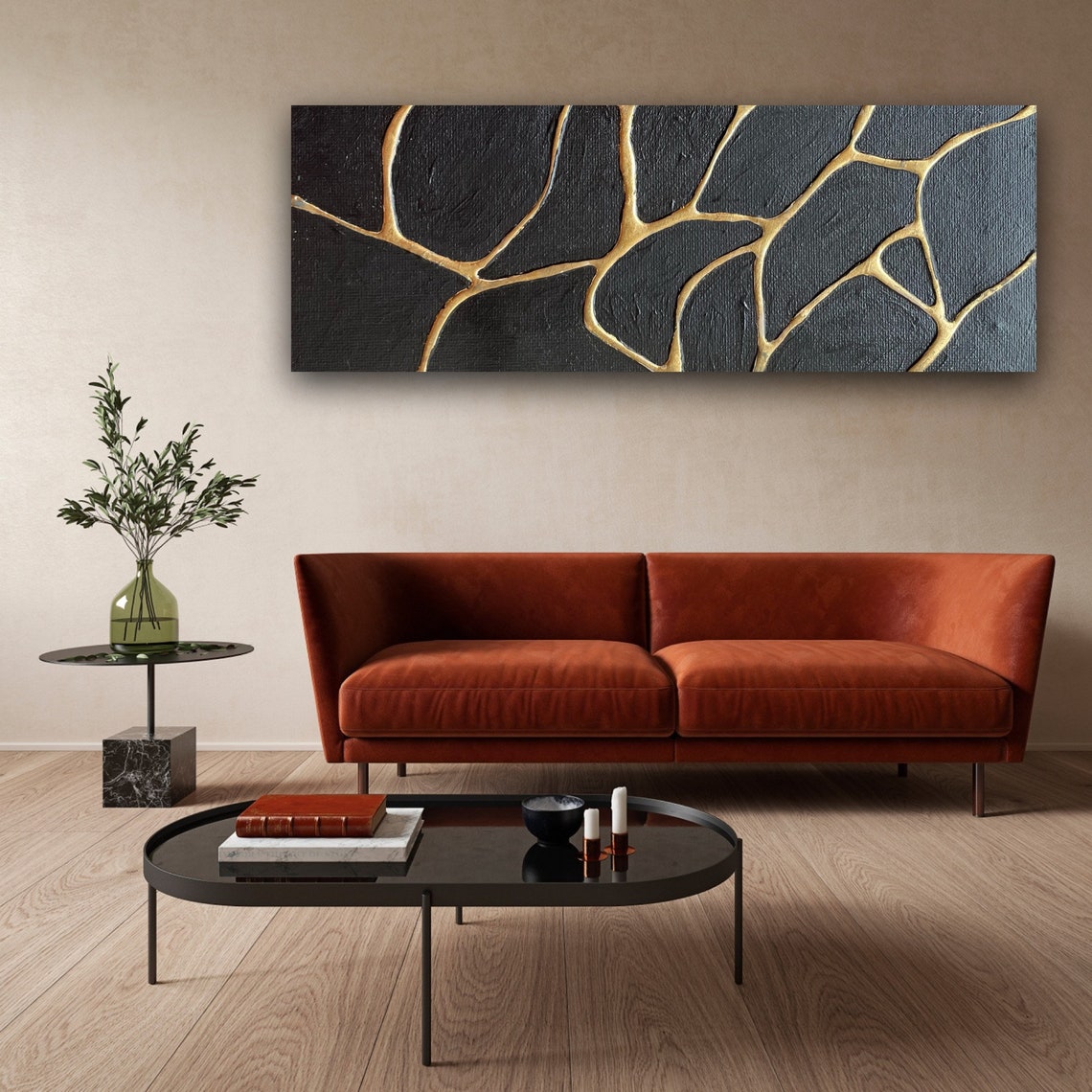 Gold and Black Abstract Oil Painting for Modern Home Decor