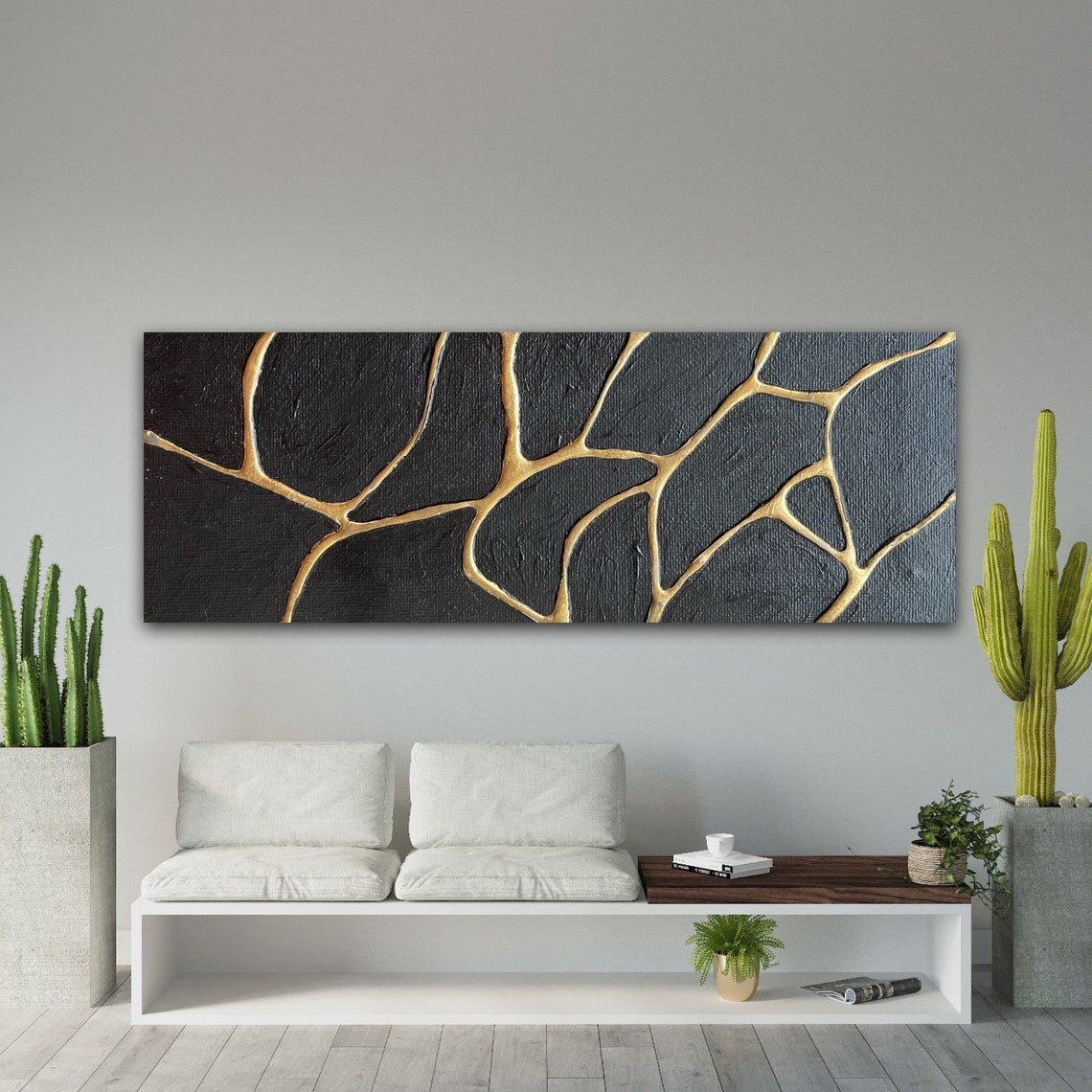 Gold and Black Abstract Oil Painting for Modern Home Decor