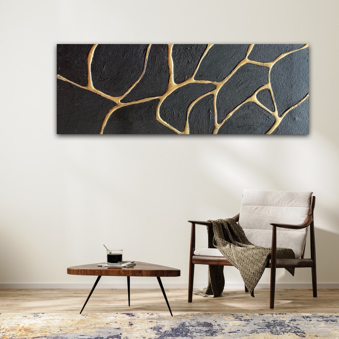 Gold and Black Abstract Oil Painting for Modern Home Decor