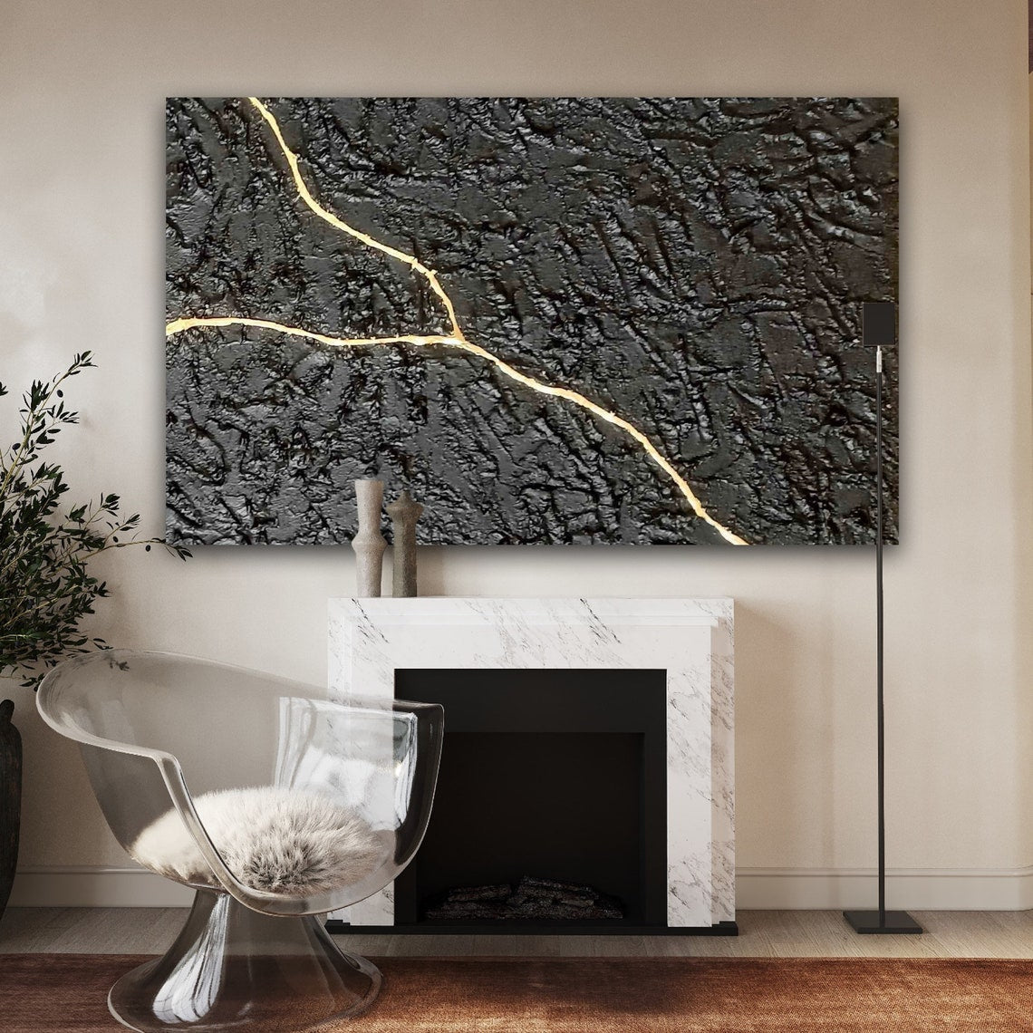 Modern Black and Gold Abstract Oil Painting for Elegant Home Decor