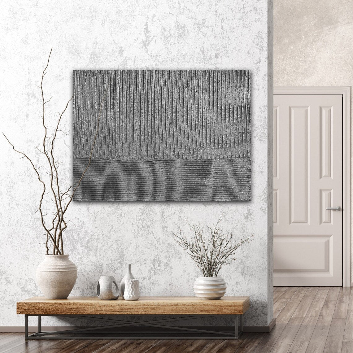 Textured Black and White Oil Painting for Modern Home Decor