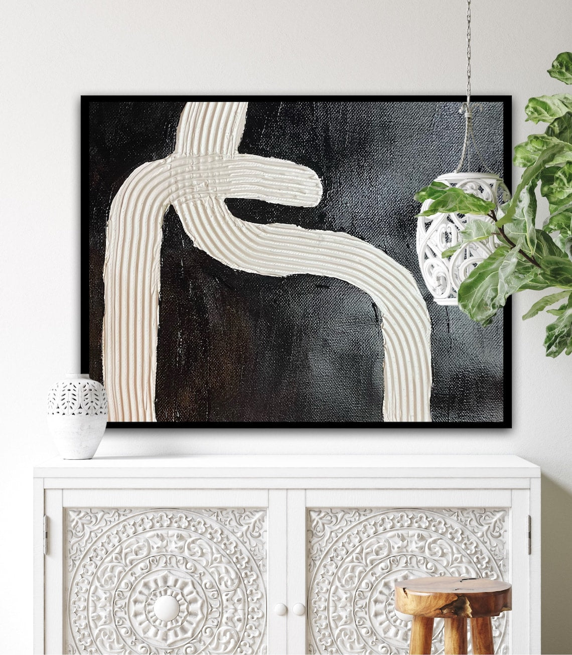 Abstract Black and White Oil Painting - Modern Art for Elegant Home Décor