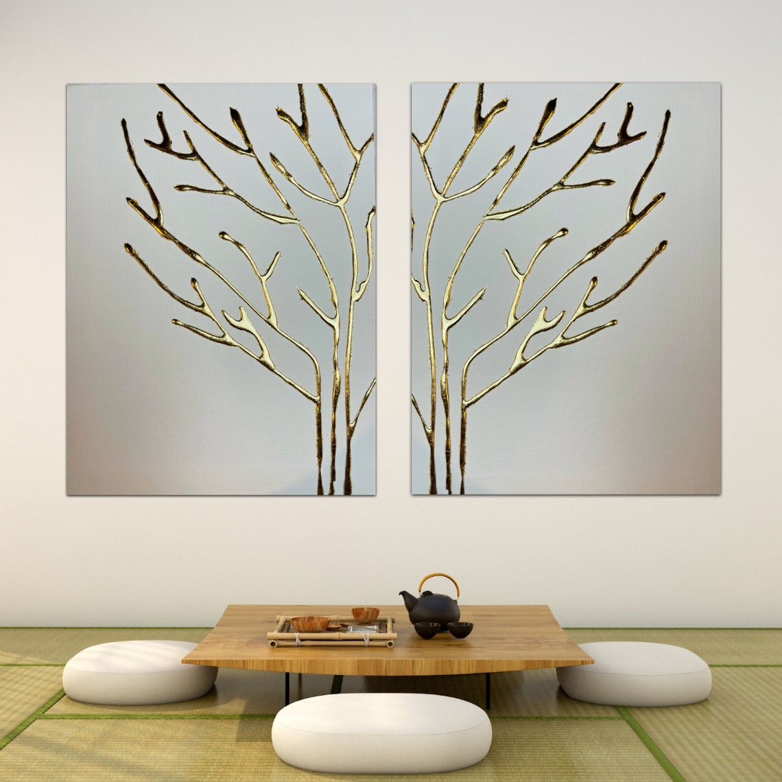 Stylish Gold-Leaf Tree Branch Oil Painting for Modern Home Decor