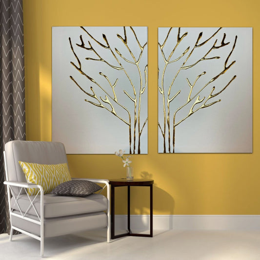 Stylish Gold-Leaf Tree Branch Oil Painting for Modern Home Decor