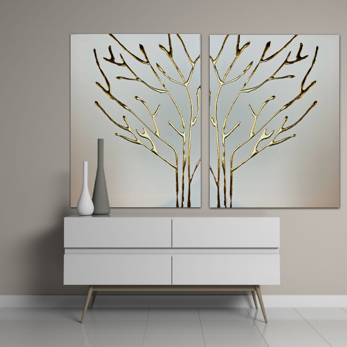 Stylish Gold-Leaf Tree Branch Oil Painting for Modern Home Decor