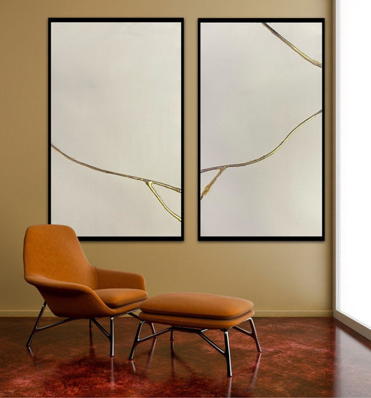 Elegant Gold Veins Abstract Diptych Oil Painting for Modern Home Decor
