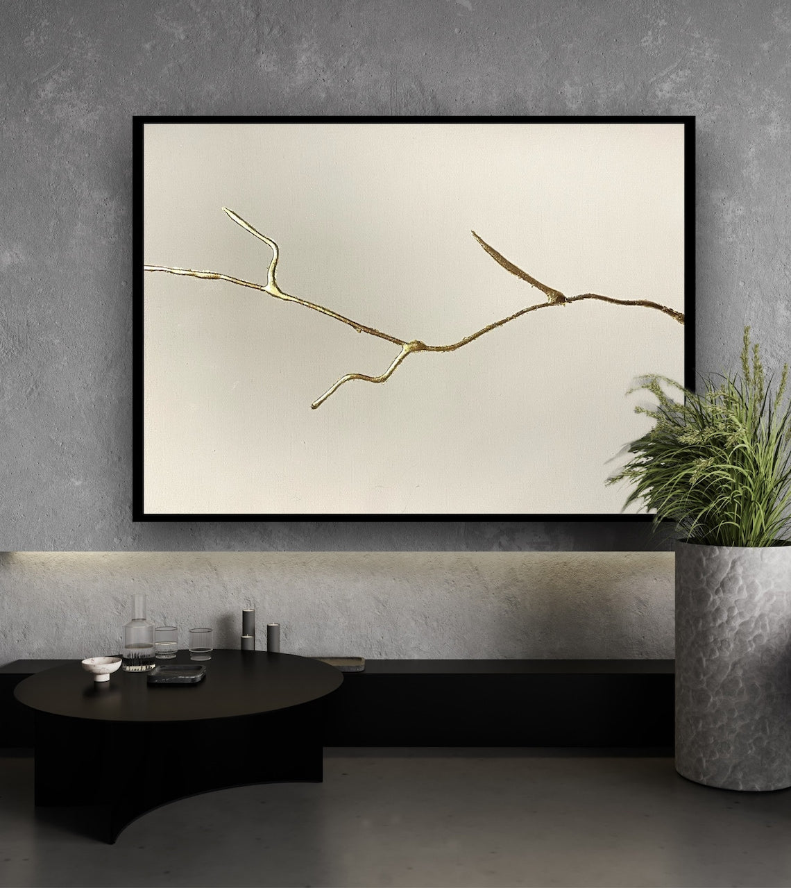 Elegant Minimalist Abstract Oil Painting with Gold Detailing
