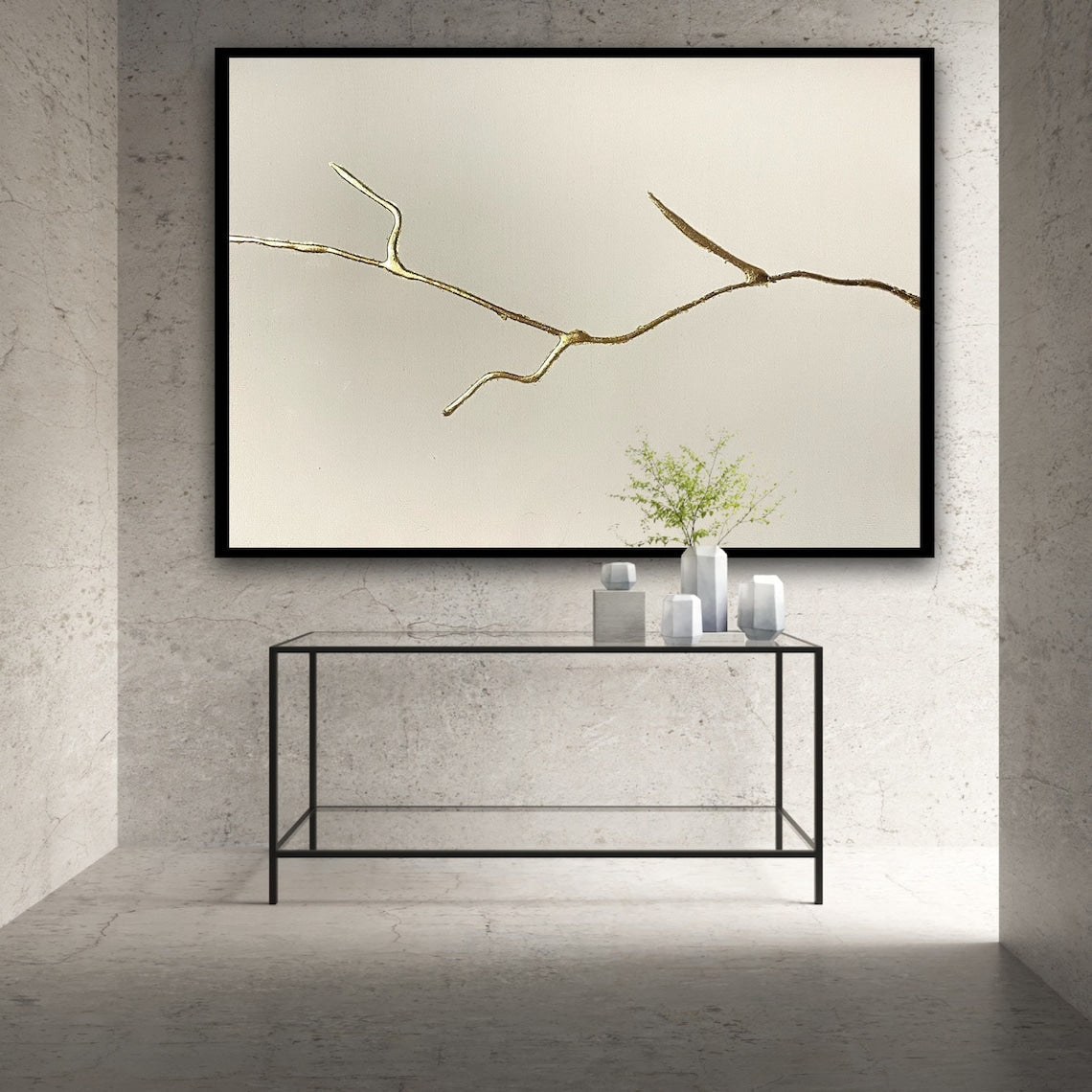 Elegant Minimalist Abstract Oil Painting with Gold Detailing