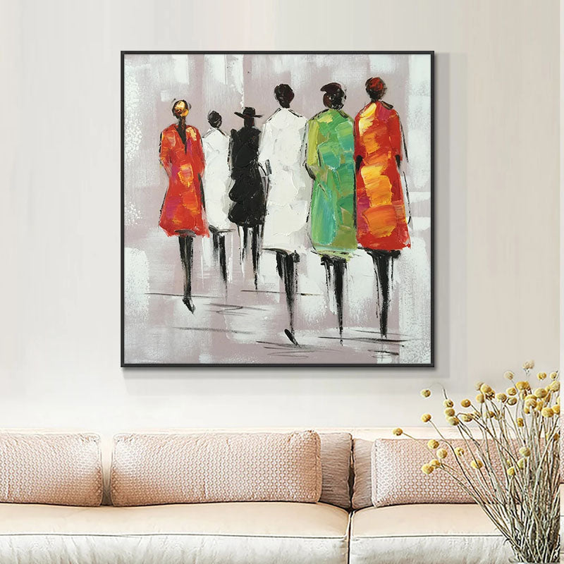 Vibrant Abstract Oil Painting of Mysterious Figures Walking in Colorful Attire