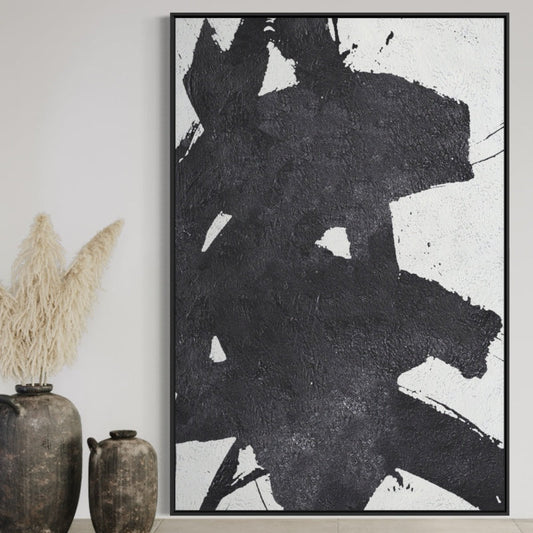 Bold Abstract Oil Painting in Black and White for Modern Decor