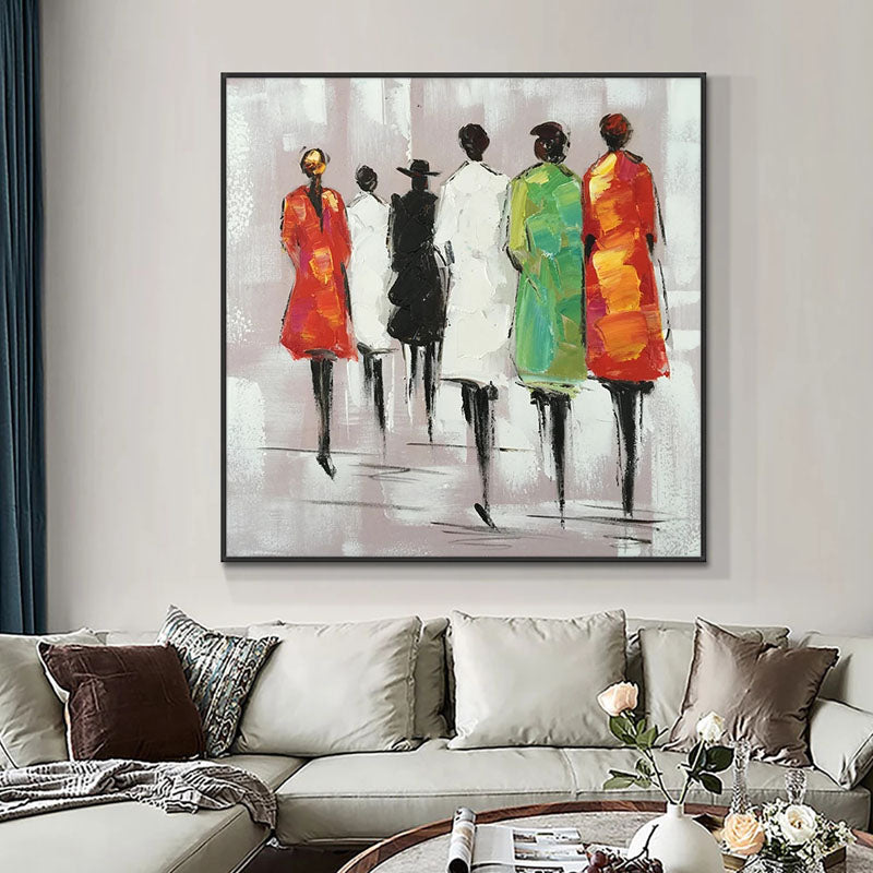 Vibrant Abstract Oil Painting of Mysterious Figures Walking in Colorful Attire