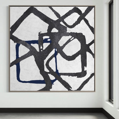 Dynamic Abstract Lines in Black and Navy Oil Painting for Modern Home Decor