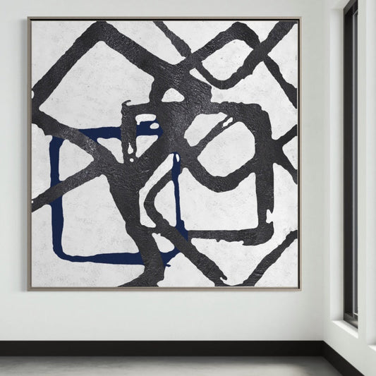 Dynamic Abstract Lines in Black and Navy Oil Painting for Modern Home Decor