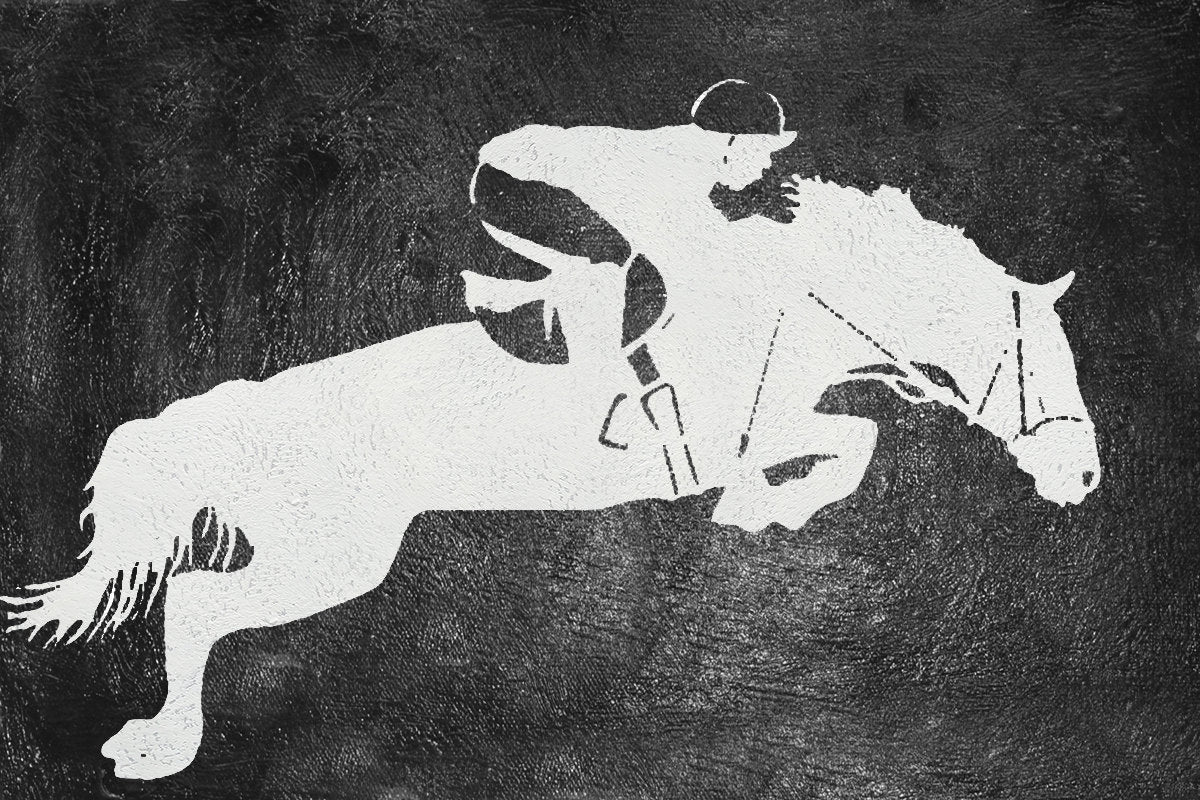 Dynamic Equestrian Jumping Art – Elegant Horse and Rider Oil Painting