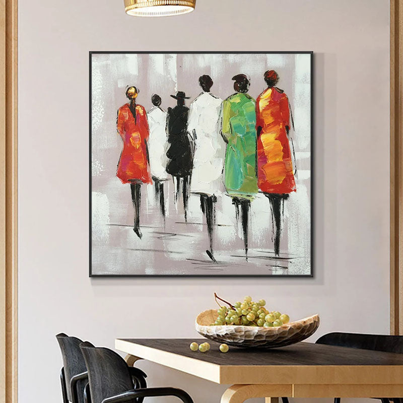 Vibrant Abstract Oil Painting of Mysterious Figures Walking in Colorful Attire