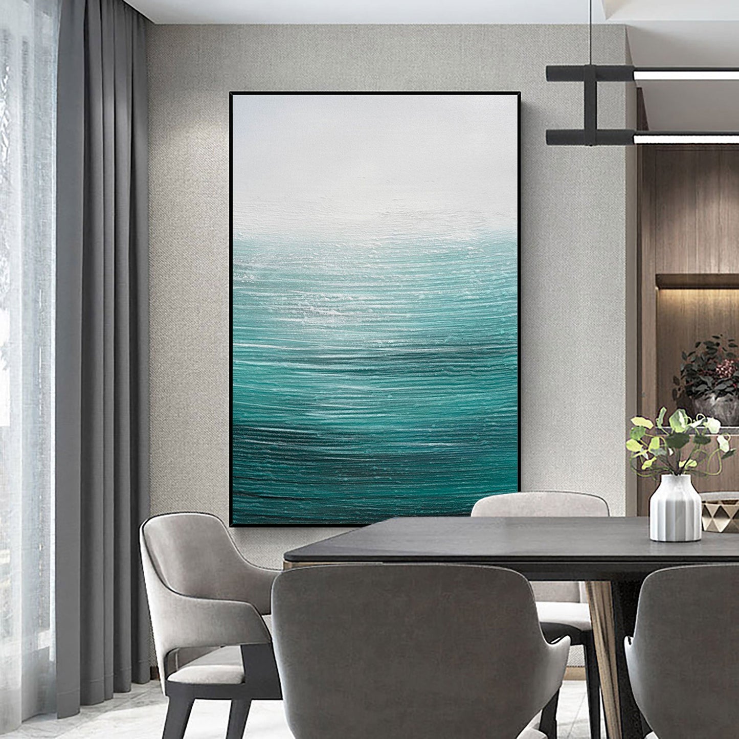 Tranquil Ocean Waves Oil Painting in Serene Blue and White Tones for Coastal Decor