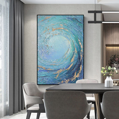 Dynamic Ocean Wave Oil Painting with Turquoise and Gold Accents