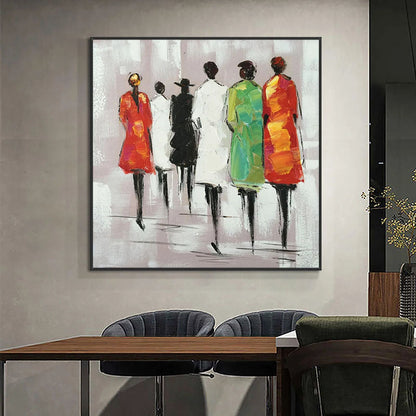 Vibrant Abstract Oil Painting of Mysterious Figures Walking in Colorful Attire