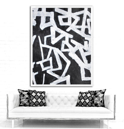 Abstract Black and White Geometric Oil Painting for Modern Home Decor