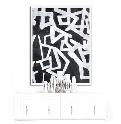 Abstract Black and White Geometric Oil Painting for Modern Home Decor