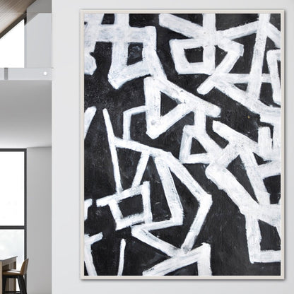 Abstract Black and White Geometric Oil Painting for Modern Home Decor