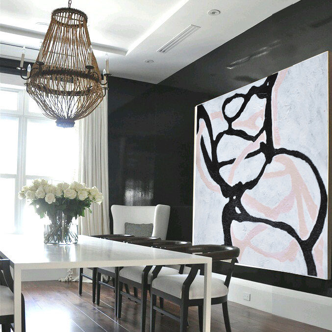 Contemporary Abstract Oil Painting in Black and Soft Pink Tones for Modern Decor