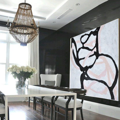 Contemporary Abstract Oil Painting in Black and Soft Pink Tones for Modern Decor
