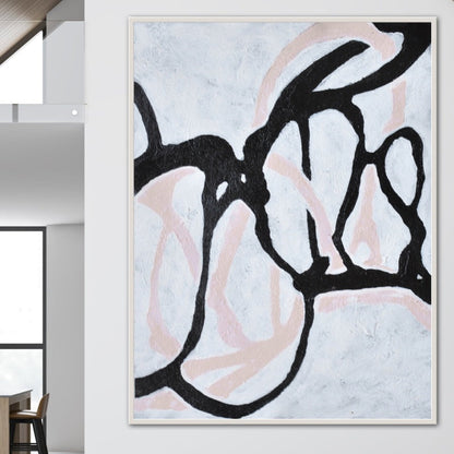 Contemporary Abstract Oil Painting in Black and Soft Pink Tones for Modern Decor