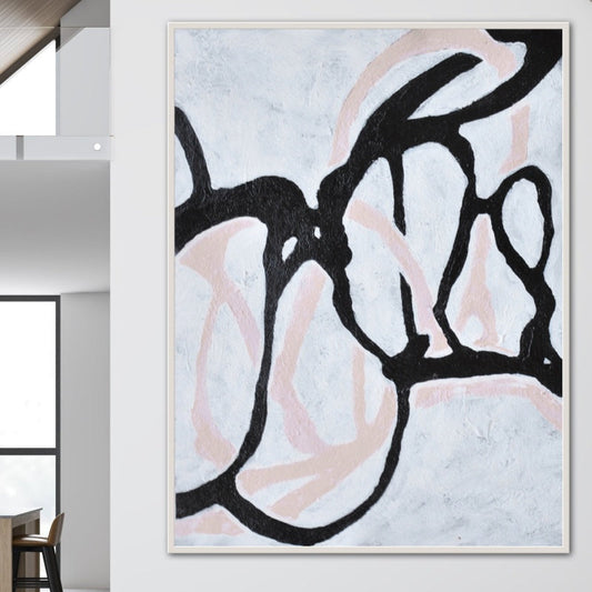 Contemporary Abstract Oil Painting in Black and Soft Pink Tones for Modern Decor