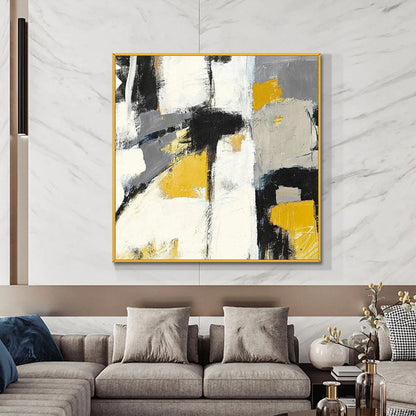 Abstract Oil Painting with Bold Yellow and Black Accents for Modern Decor