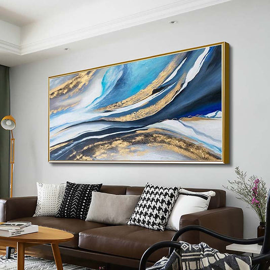 Serene Coastal Abstract Oil Painting with Blue, Black and Gold Waves