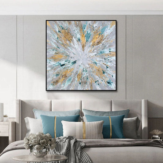 Radiant Abstract Oil Painting with Gold and Aqua Accents for Modern Decor