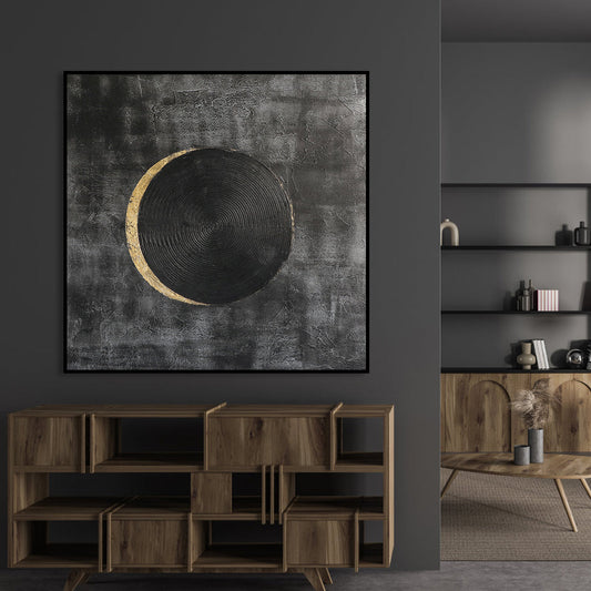 Abstract Black Planet Oil Painting with Textured Finish for Modern Decor