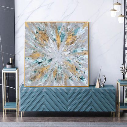 Radiant Abstract Oil Painting with Gold and Aqua Accents for Modern Decor