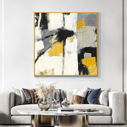 Abstract Oil Painting with Bold Yellow and Black Accents for Modern Decor