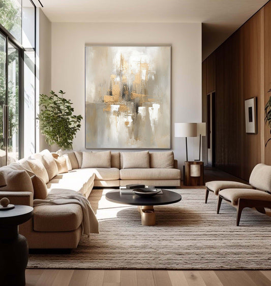 Elegant Grey and Gold Minimalist Oil Painting for Modern Home Decor