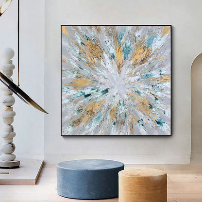 Radiant Abstract Oil Painting with Gold and Aqua Accents for Modern Decor