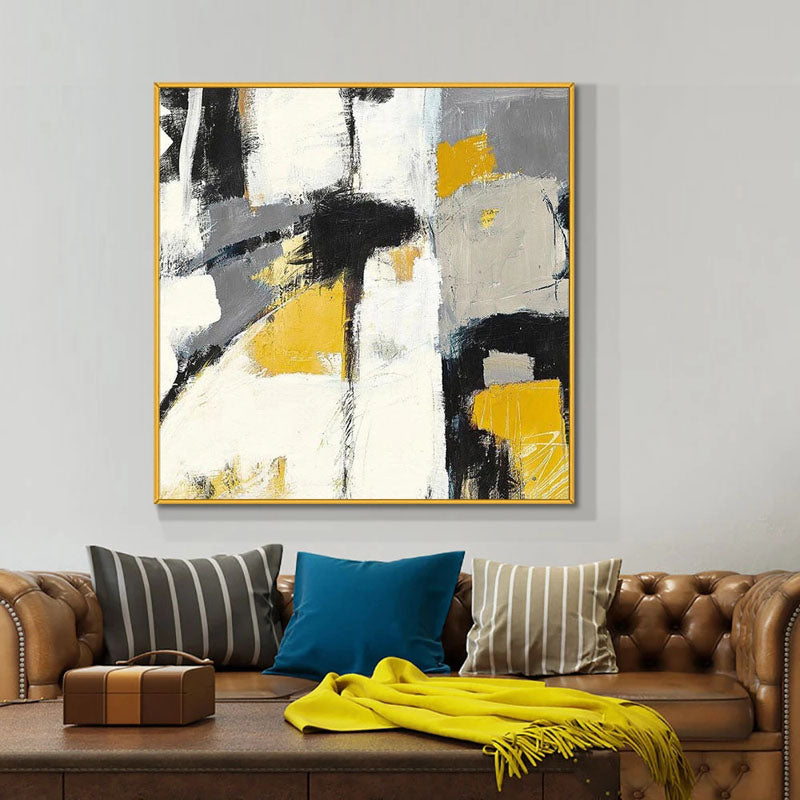 Abstract Oil Painting with Bold Yellow and Black Accents for Modern Decor