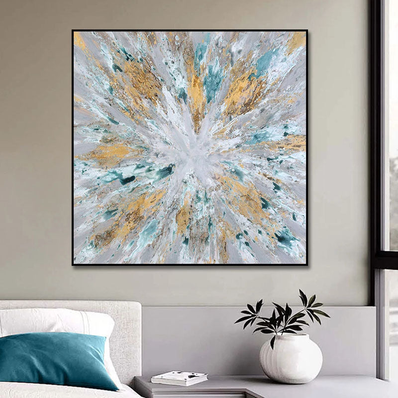 Radiant Abstract Oil Painting with Gold and Aqua Accents for Modern Decor