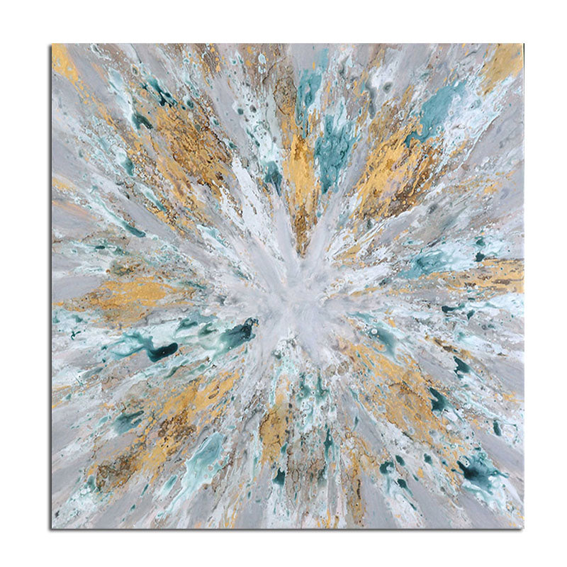 Radiant Abstract Oil Painting with Gold and Aqua Accents for Modern Decor