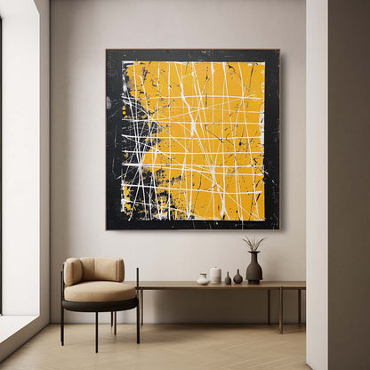 Vibrant Yellow and Black Abstract Oil Painting for Modern Art Collectors