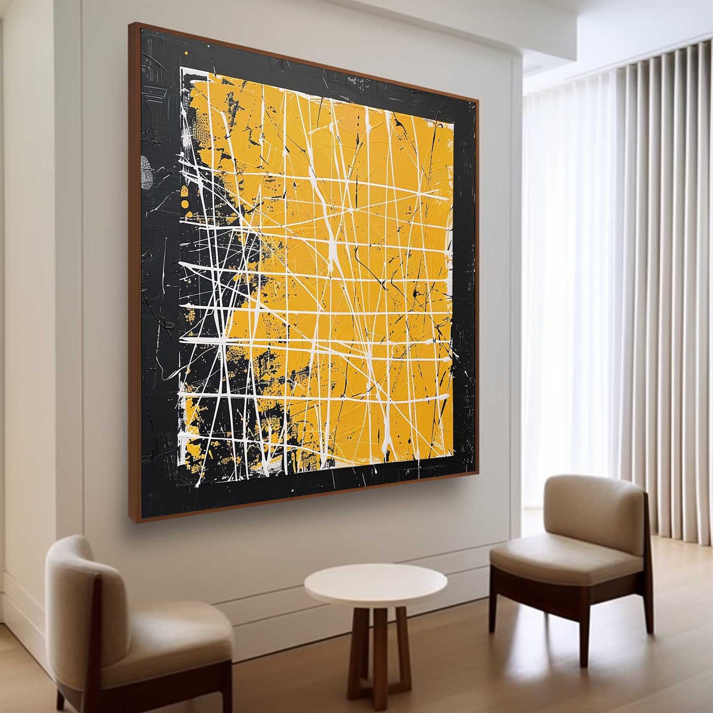 Vibrant Yellow and Black Abstract Oil Painting for Modern Art Collectors