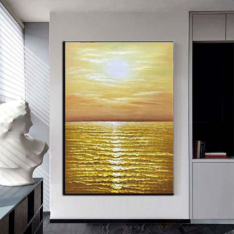Golden Sunset Over Tranquil Waters - Inviting Oil Painting for Home Decor