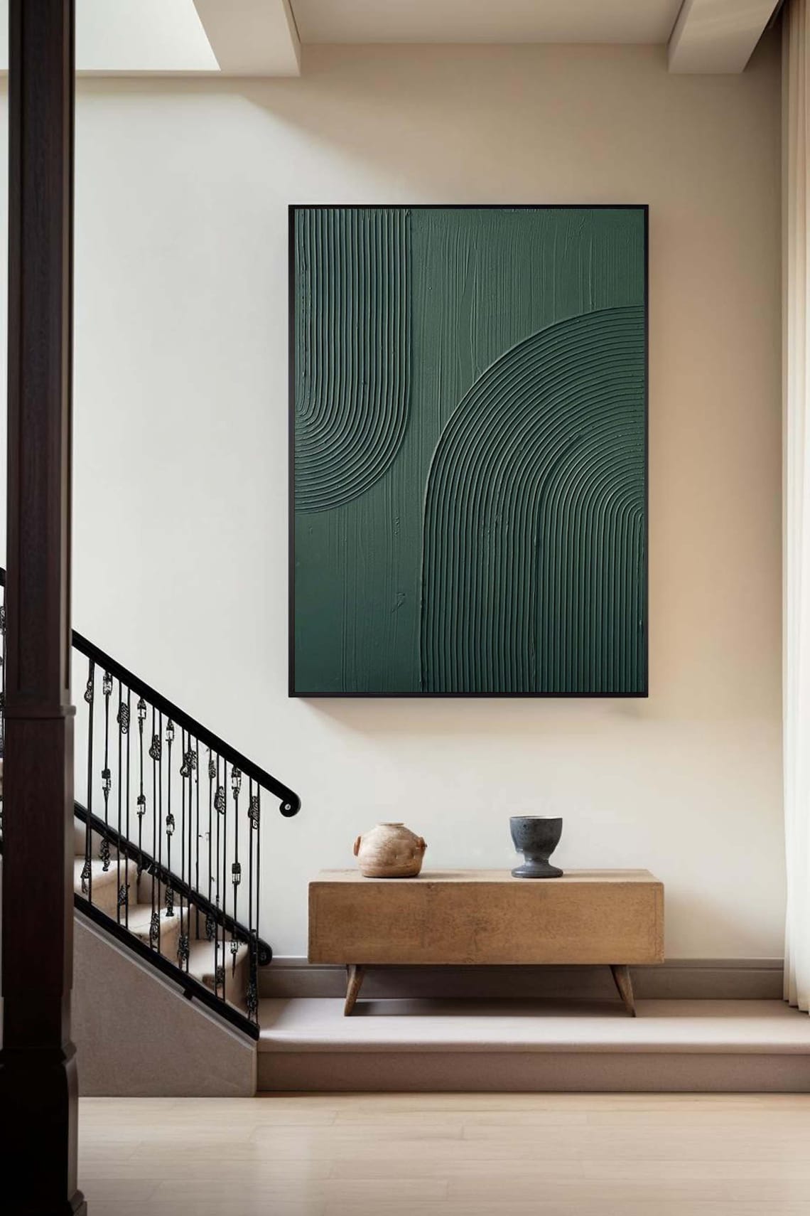 Tranquil Green Abstract Waves Oil Painting for Modern Home Decor