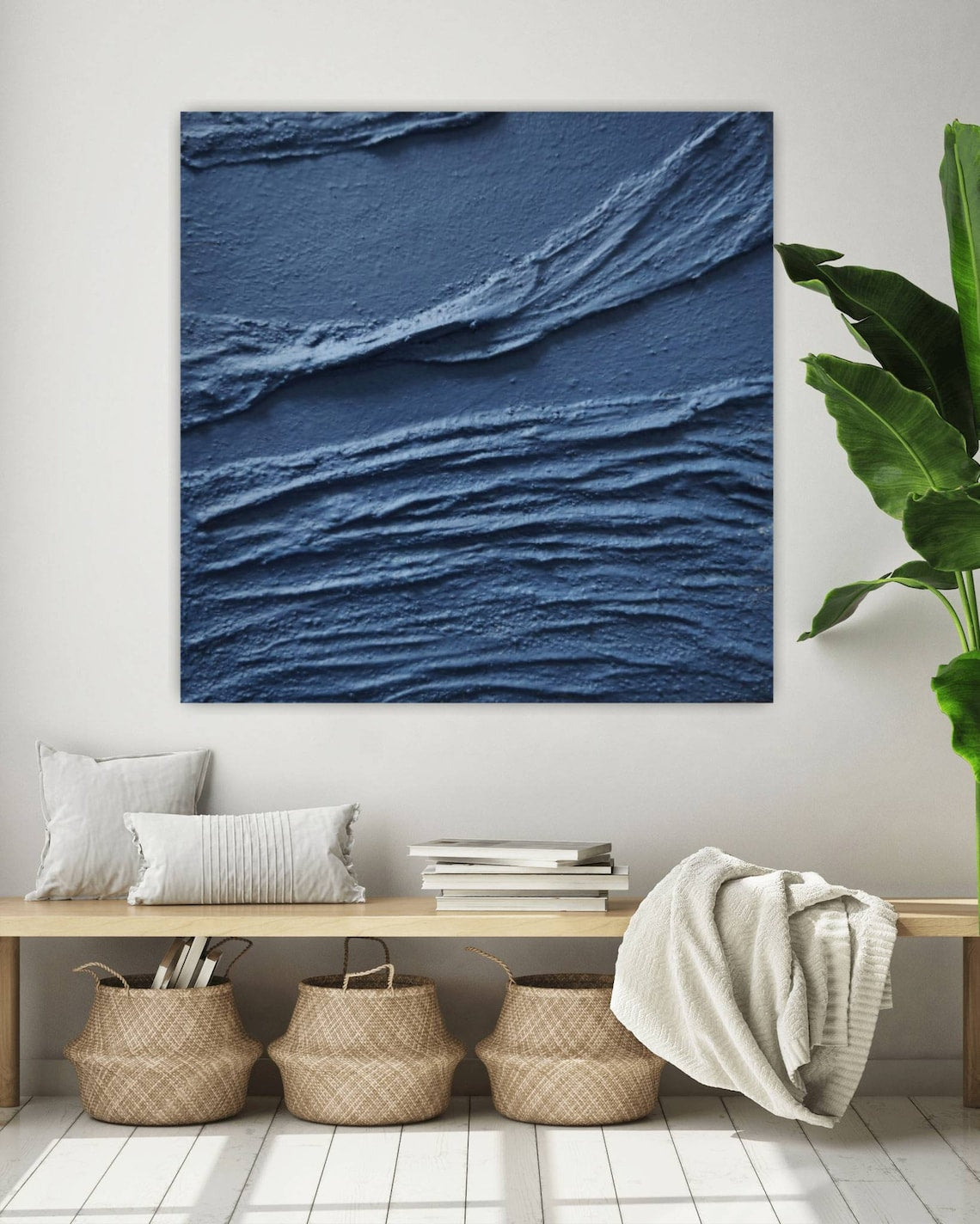 Serene Blue Textured Waves Oil Painting for Modern Home Decor