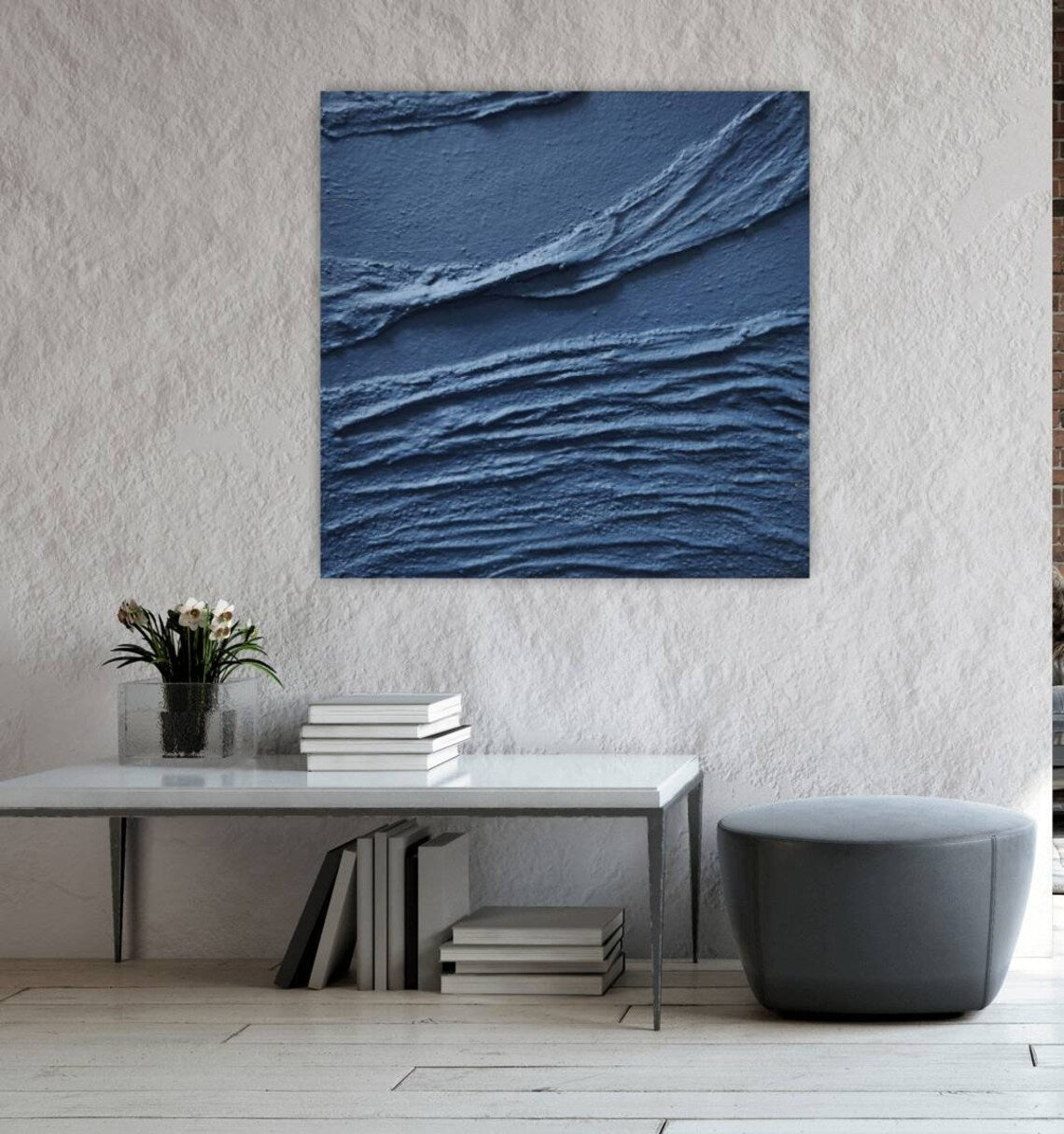 Serene Blue Textured Waves Oil Painting for Modern Home Decor